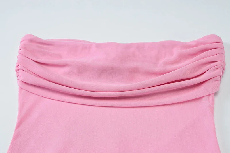 Pink Strapless Mesh Pachwork Long Scarf Maxi Dress