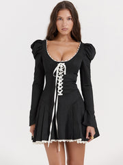 Lace Tie-Up Black Puff Long Sleeve Mini Dress