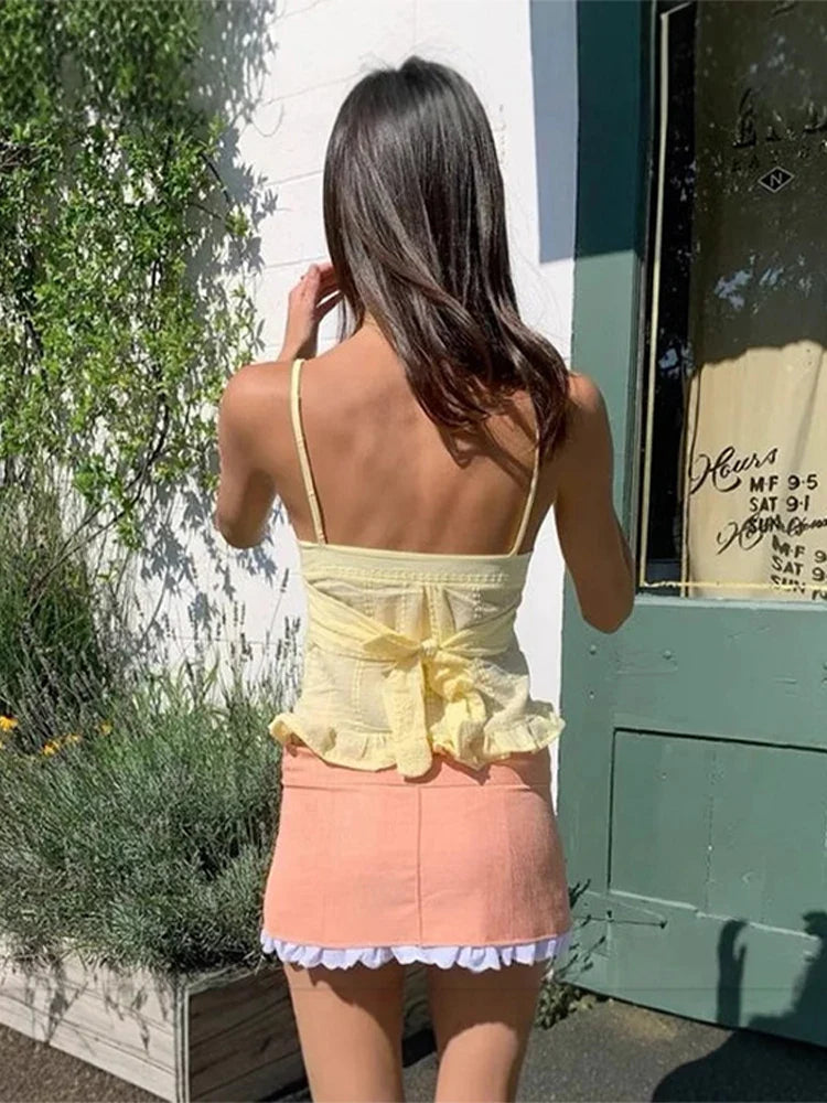 Yellow Tie Up Cami Crop Top