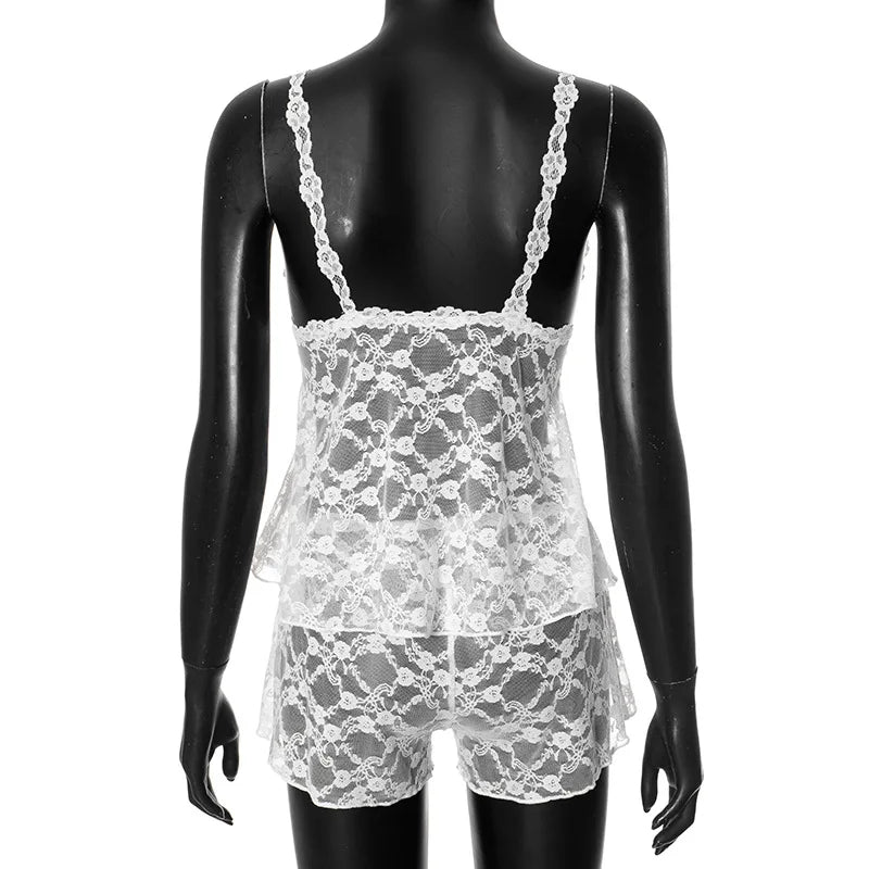 White Lace Crop Top & Shorts Set â€?Sheer Summer Style