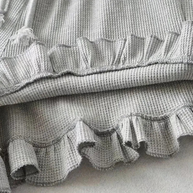 Ribbed Ruffle Trim Drawstring Waffle Shorts