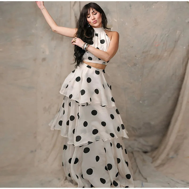 Sleeveless Polka Dot Crop Top And  Multi-Layer Ruffles Skirt Set