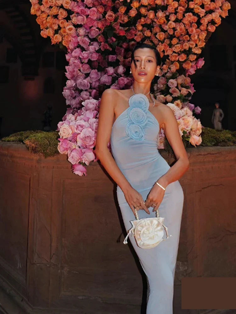 Blue Halter Neck 3D Flower Bodycon Long Dress