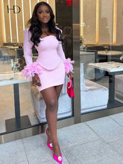 Pink Fur Long Sleeve Crop Top And Mini Skirt Set