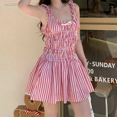 Striped Elastic Waist Frill Mini Dress