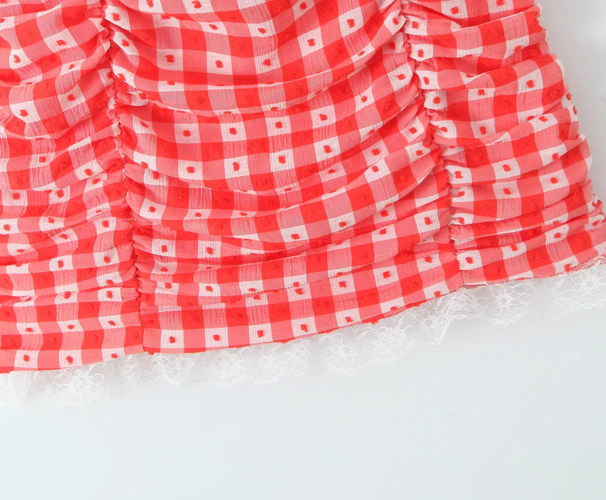 Red Plaid Plaid Dot Lace Mini Dress