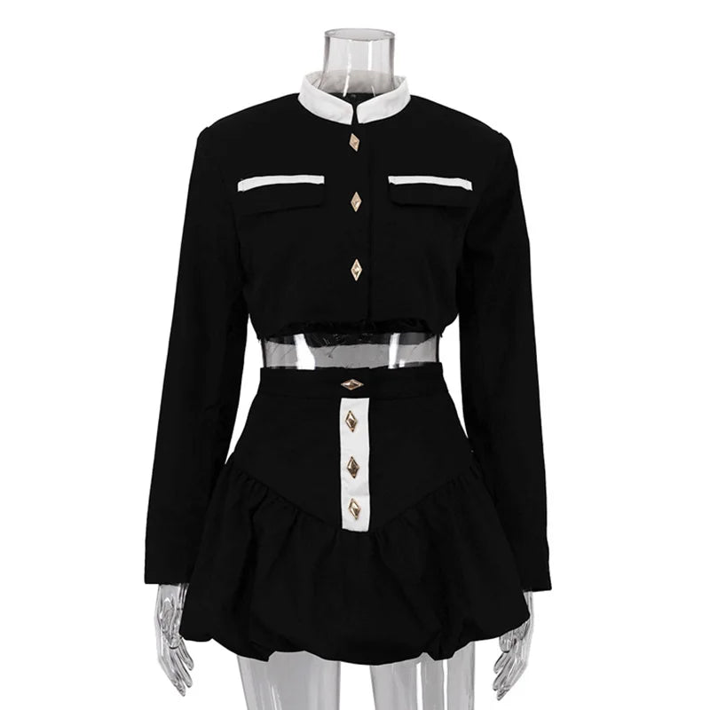 Crop Jacket And Puff Buttoned Mink Skirt Contrast Set