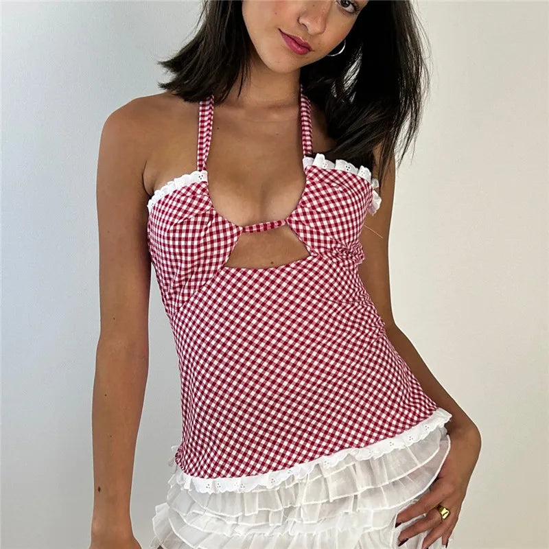 Plaid Halter Lace Trim Top