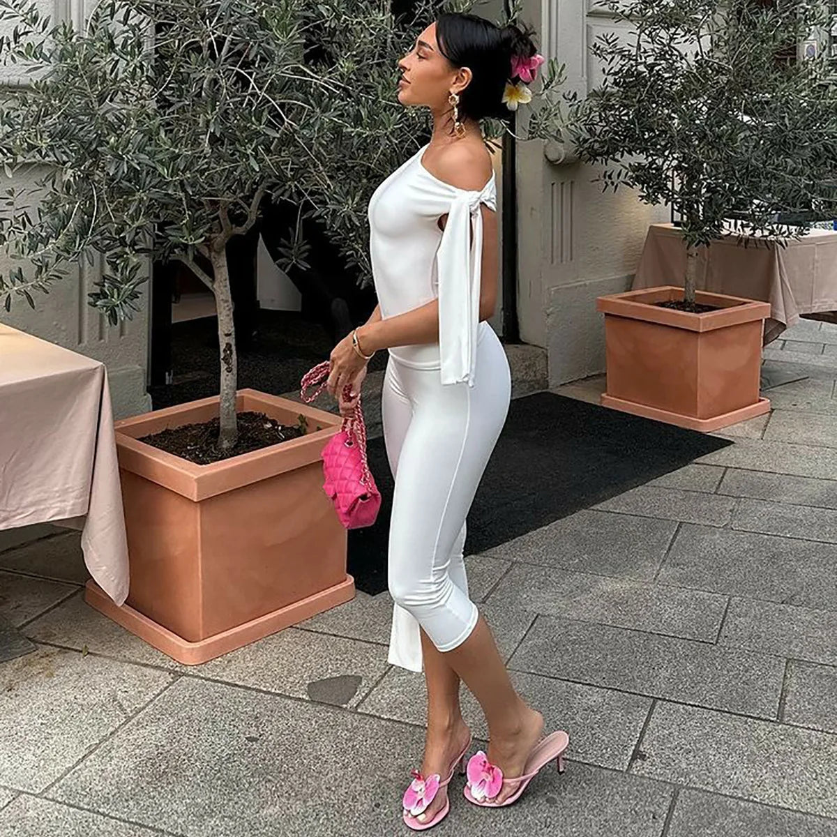 White One Shoulder Tie Up Top And Knee Length Pant Set