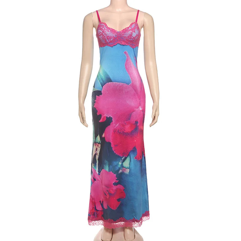 Printed Pink Lace Cami Maxi Dress