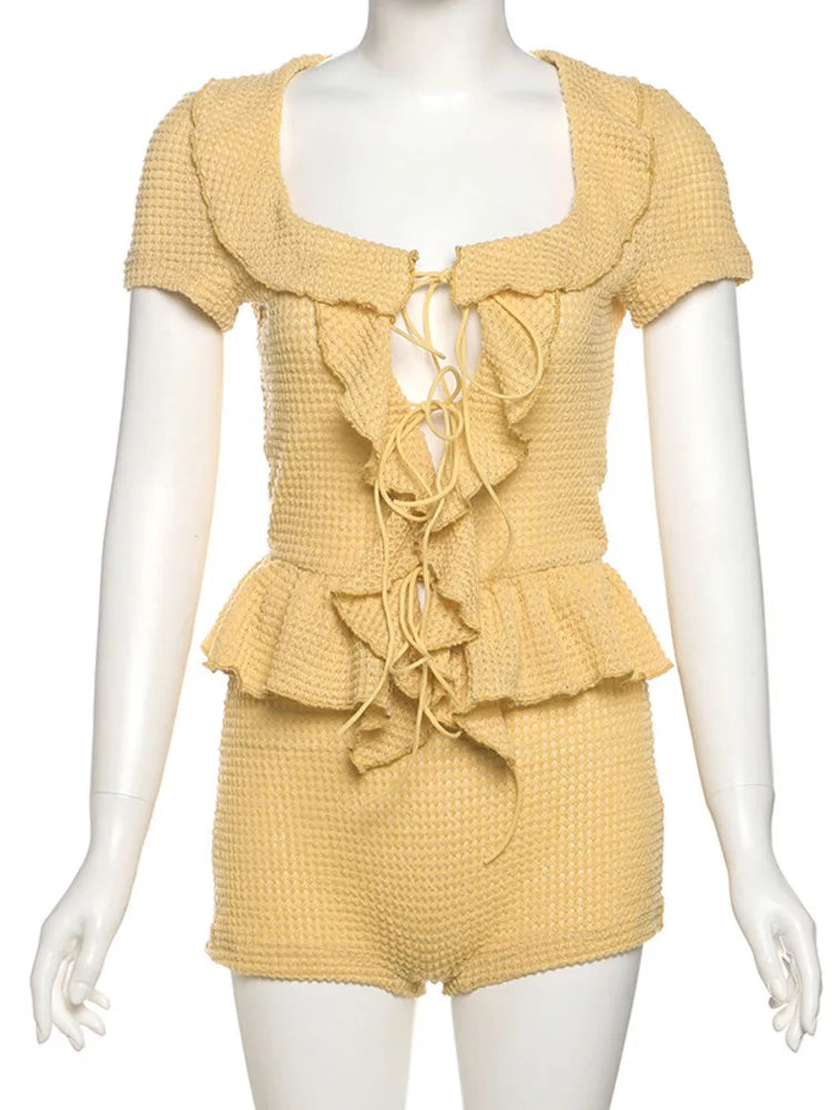 Yellow Ruffle Terry Short Set Ruffle Tie Up Top And Shorts Two Piece Set – JeeBas
