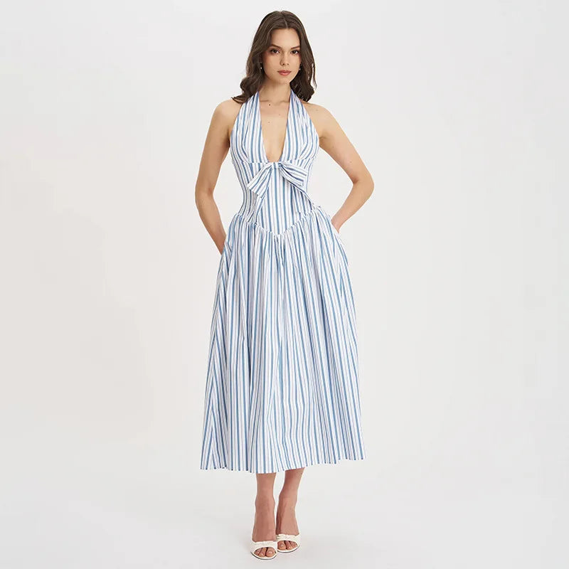 Blue Stripe Deep Neck Maxi Dress