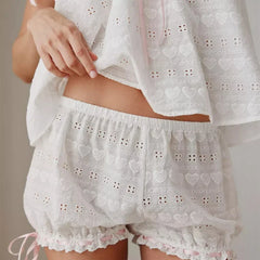White Heart Pattern Jacquard Eyelet Pajamas Strap Camis Crop Tops + Bloomers Shorts Set