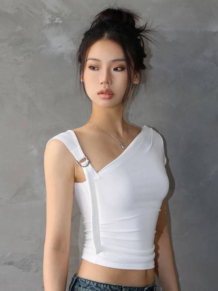 Asymmetric Strap Buckle Sleeve Crop Top