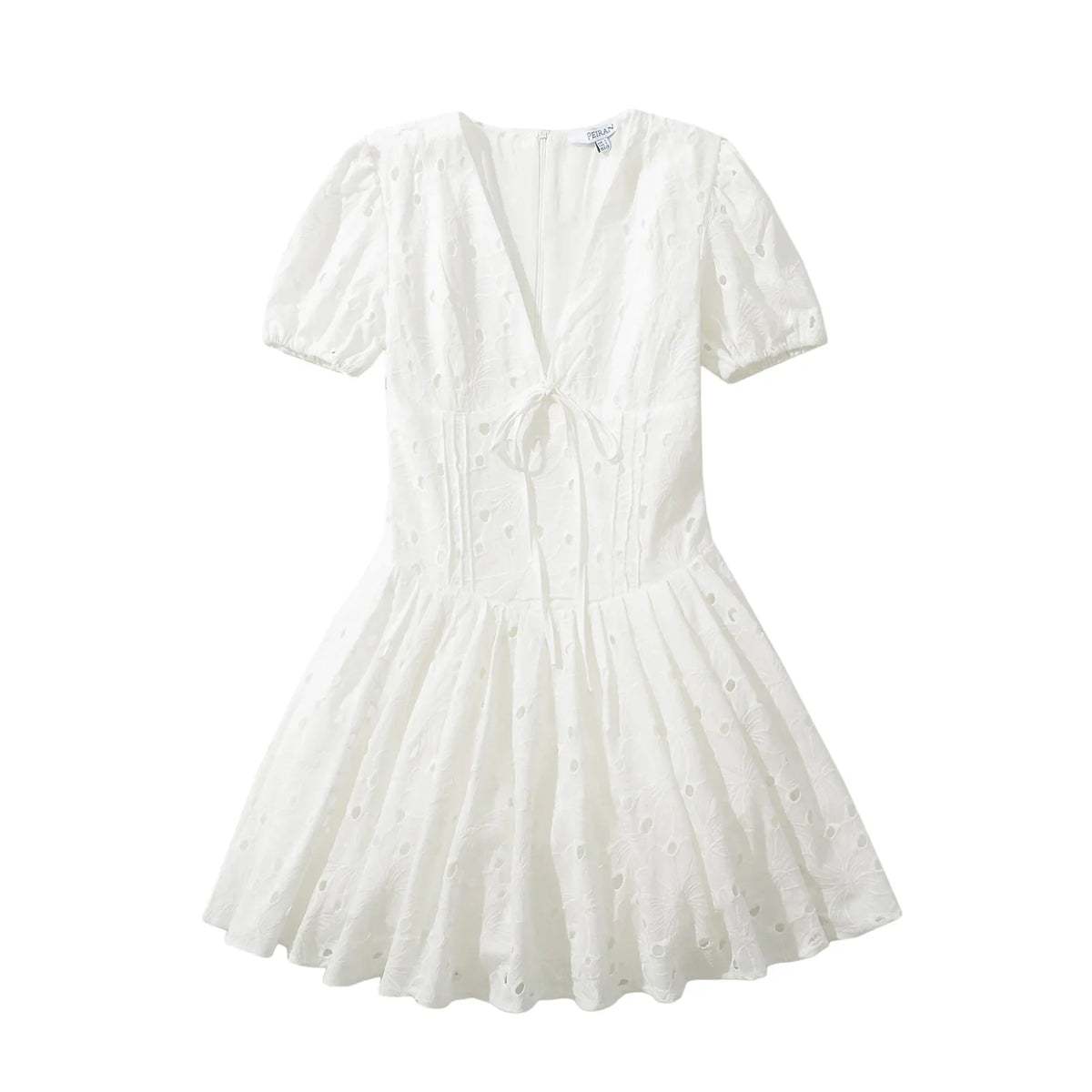 White Doily Embroidery V-Neck Short Sleeve Mini Dress