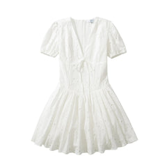 White Doily Embroidery V-Neck Short Sleeve Mini Dress