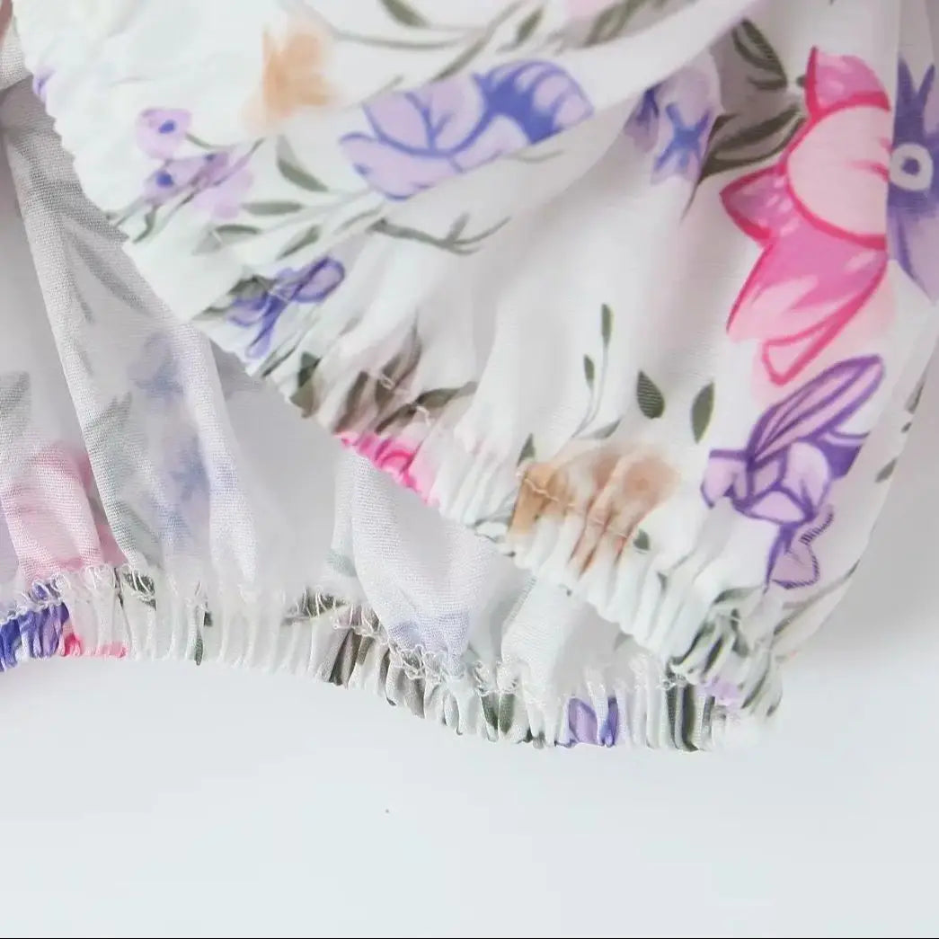 Printed Ruched Short Puff Sleeve Crop Top