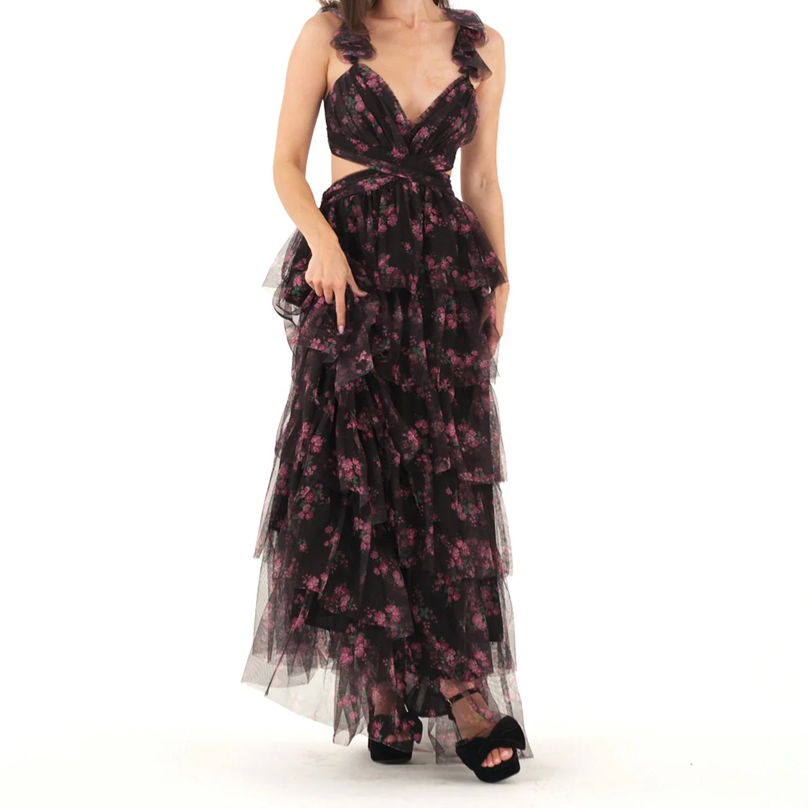 Floral Tiered Ruffles Maxi Dress - V-Neck A-Line