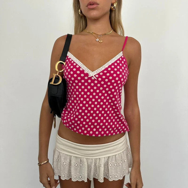 Pink Cami Top with Polka Dots & Lace