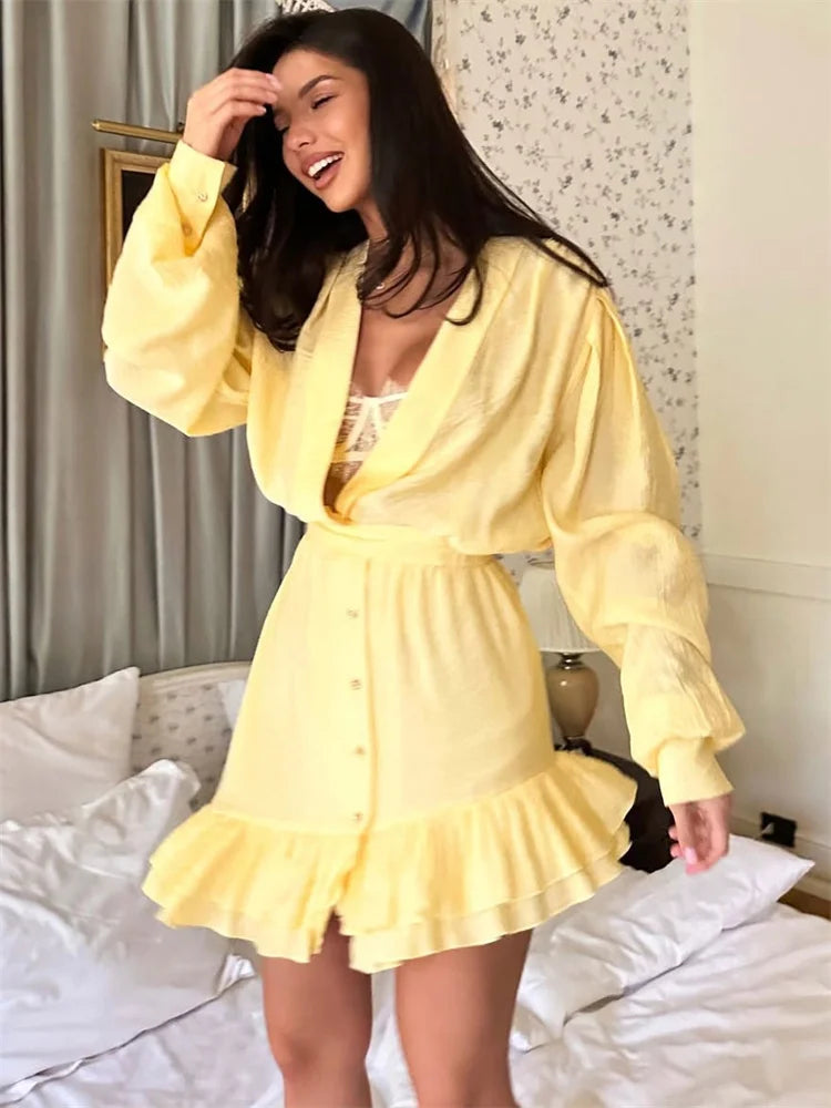 Yellow Ruffled V-Neck Mini Dress