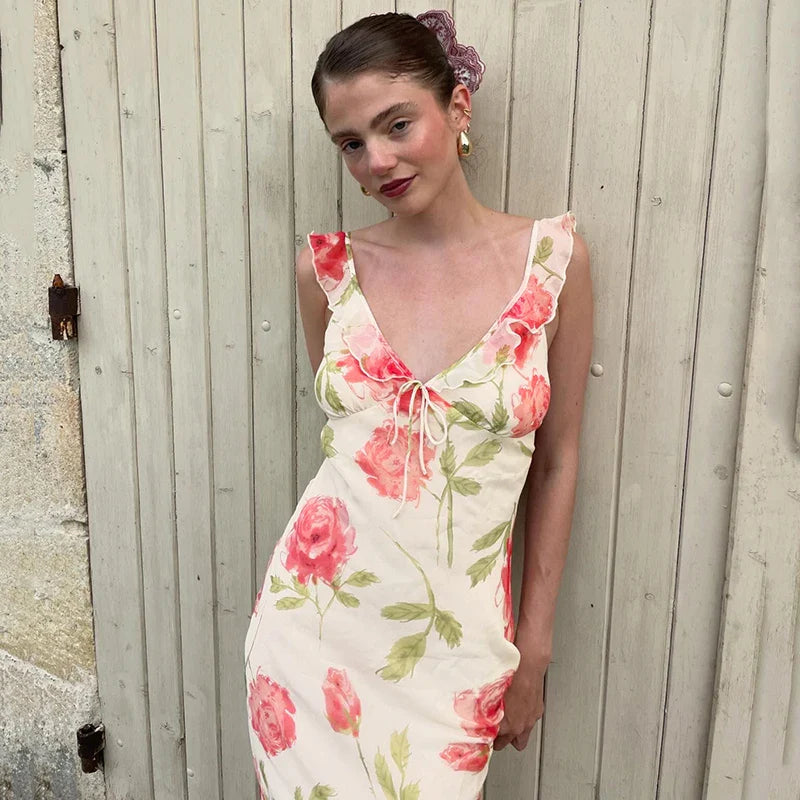 White Printed Ruffles Trim Maxi Dress