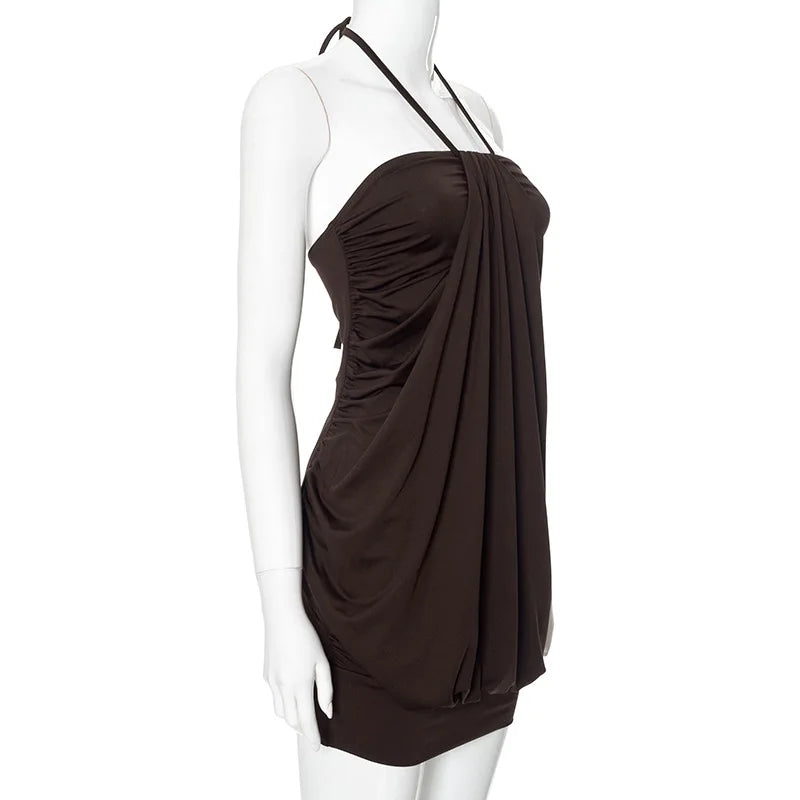 Brown Halter Strap Puff Mini Dress