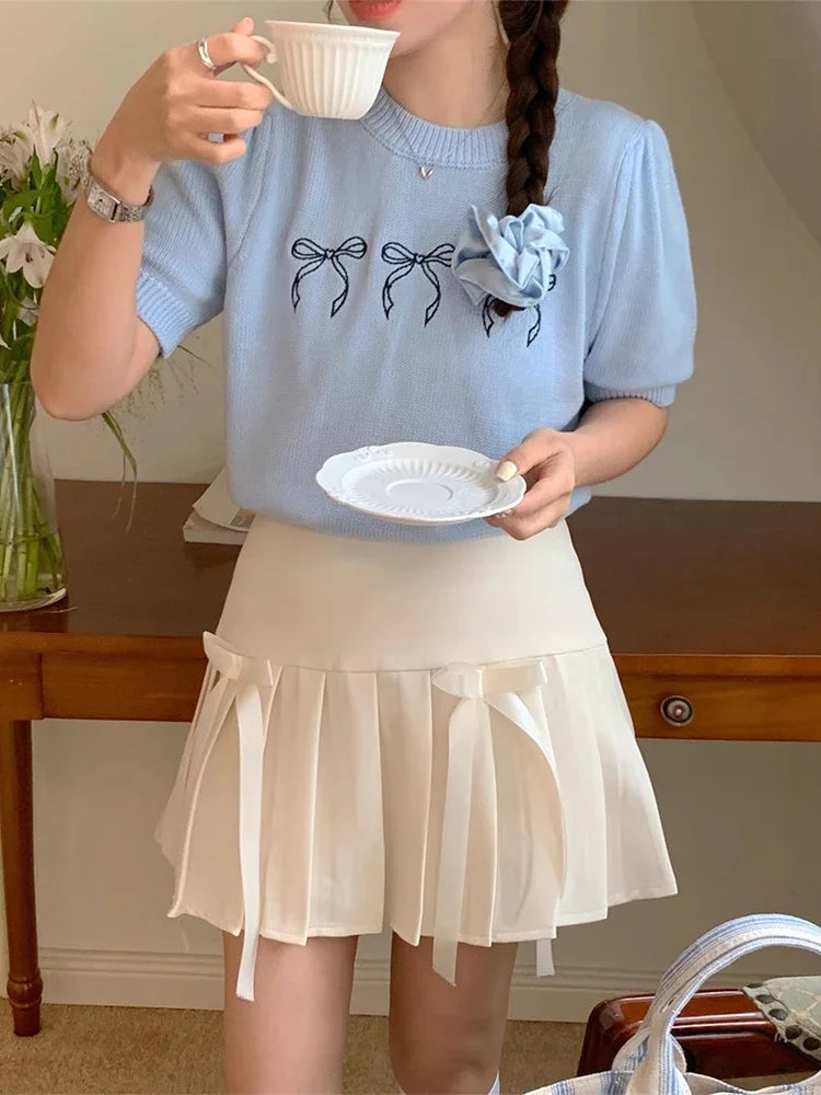 Bowknot Short Sleeve Round Neck Knit Top