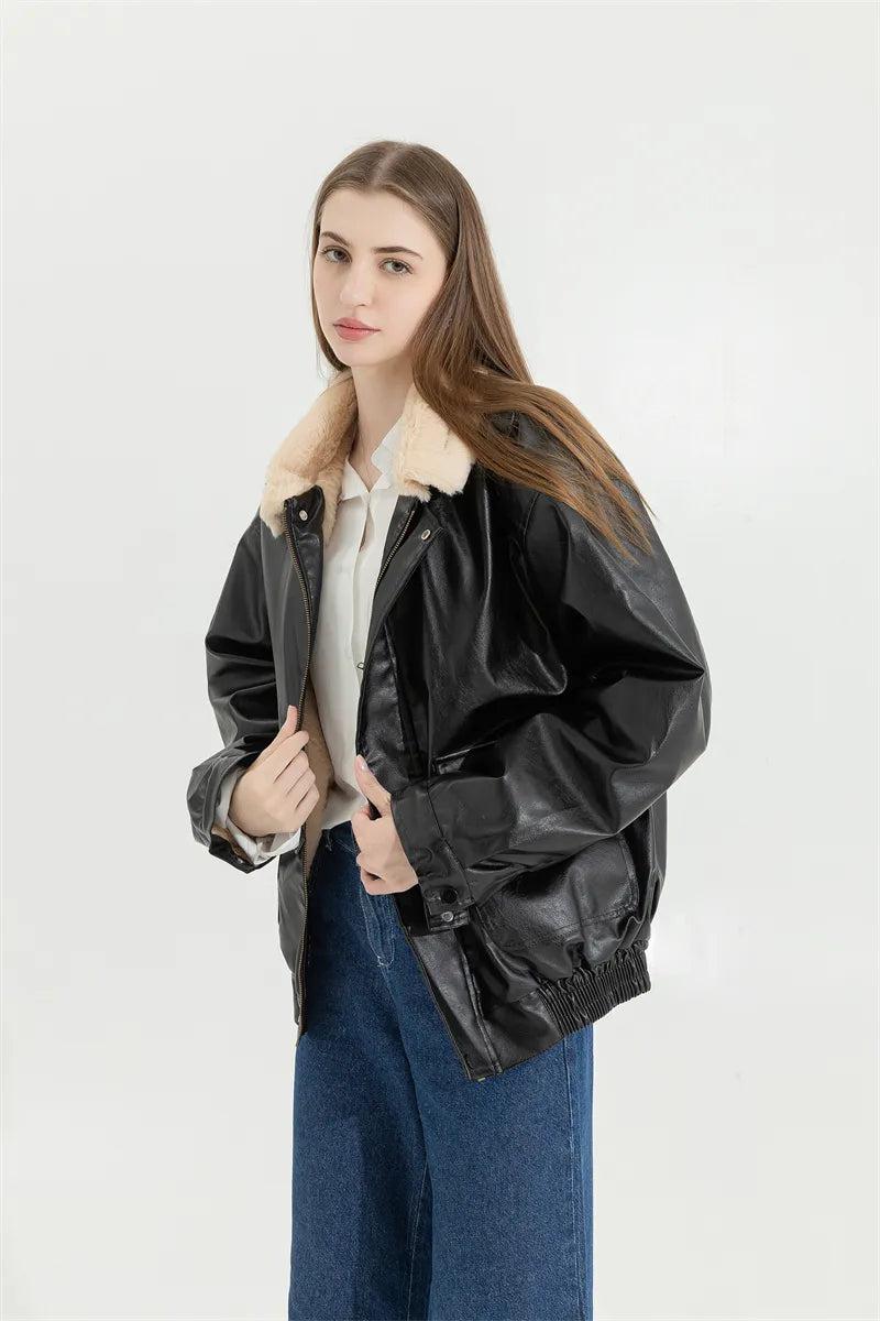 Faux Leather Lining Bomber Jacket