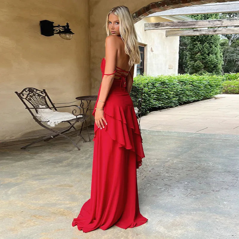Red Ruffled Maxi Dress â€?Lace-Up Strappy Back