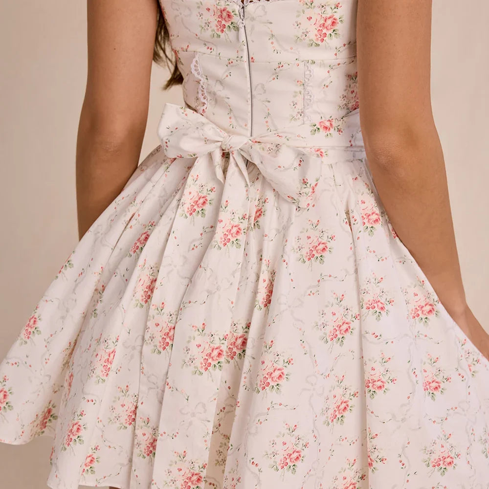 White Floral Print Back Tie Flare Mini Dress - Casual Loose Fit