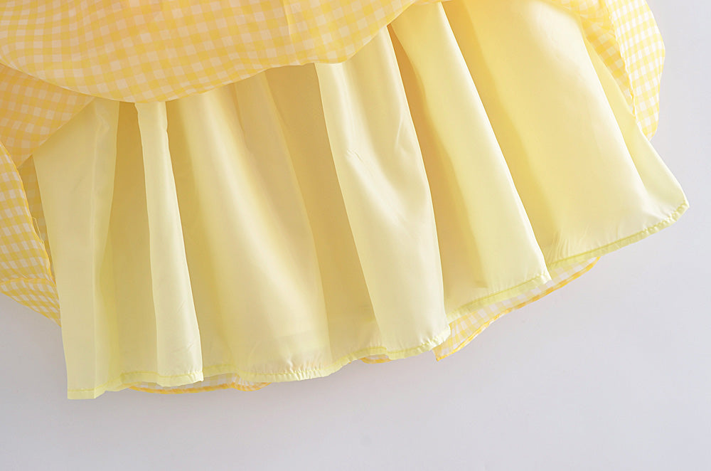 Yellow Plaid Puff Babydoll Mini Dress
