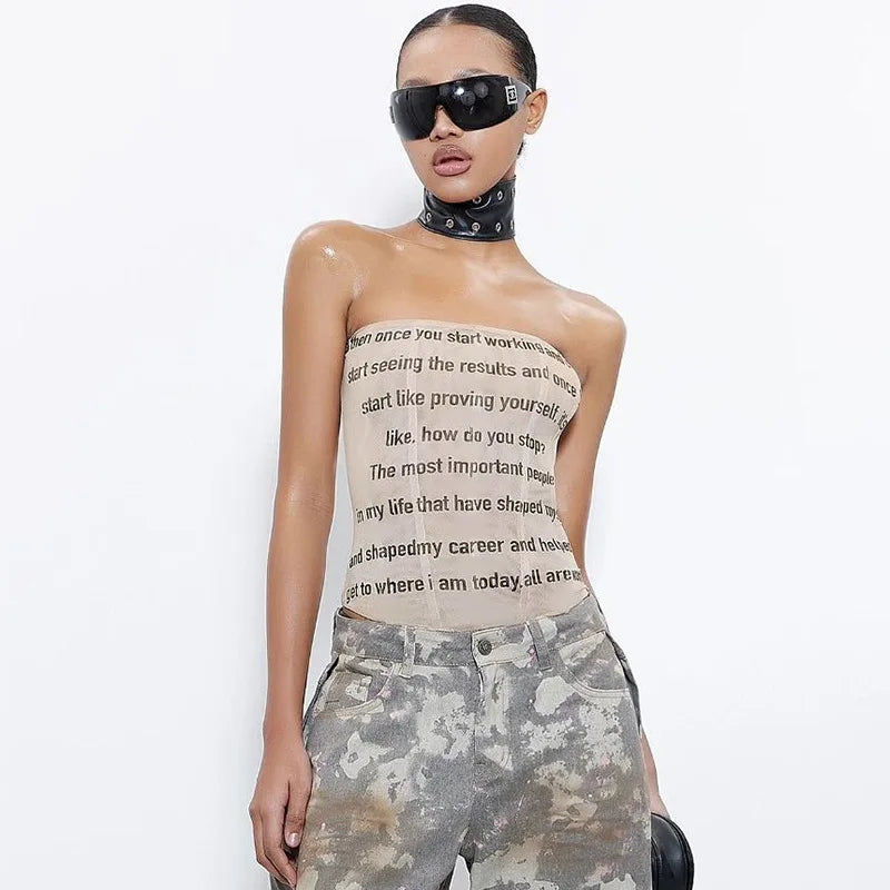 Letter Printed Mesh Strapless Crop Top - High Stretch Tank