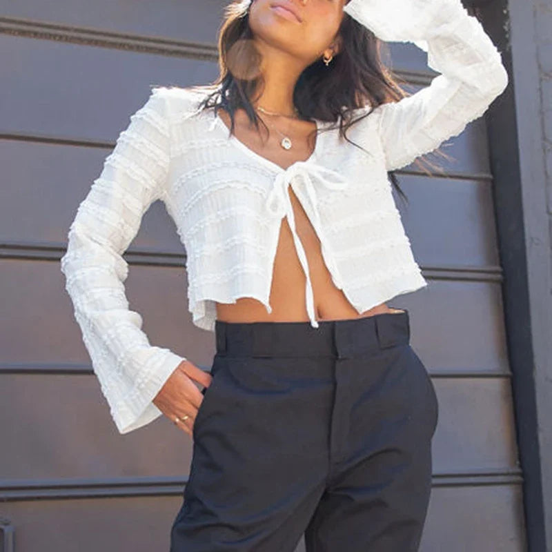 Slit Front Tie Up Textured Long Sleeve Top