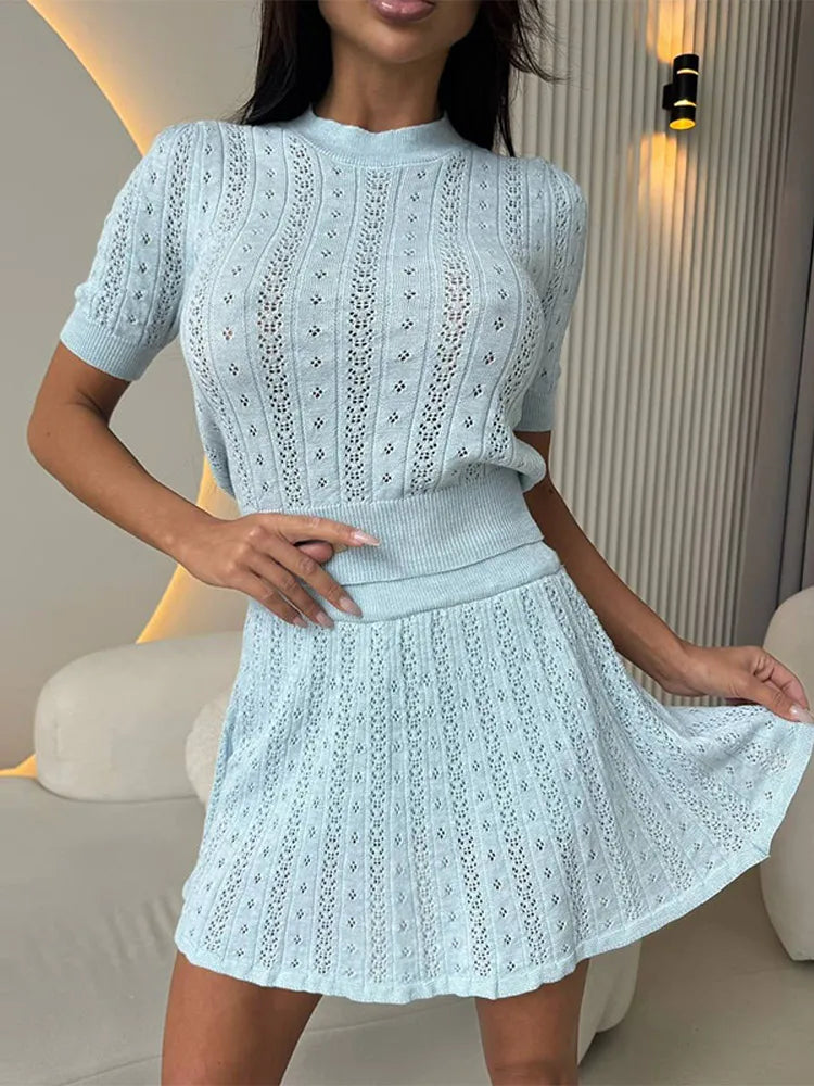 O-neck Knitted  Short Sleeve Top And Mini Skirt Set