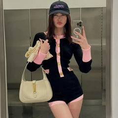 Color Block Ribbed Long Sleeve Playsuit - Gold Button Front Romper