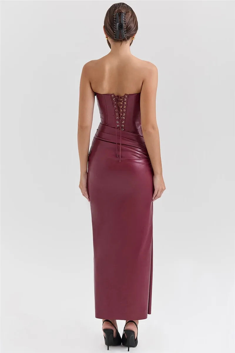 Burgundy Strapless PU Leather Maxi Dress