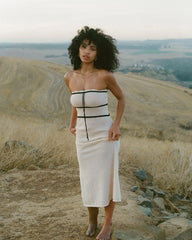 Knit Tube Black Stripe Tie-Up Midi Dress