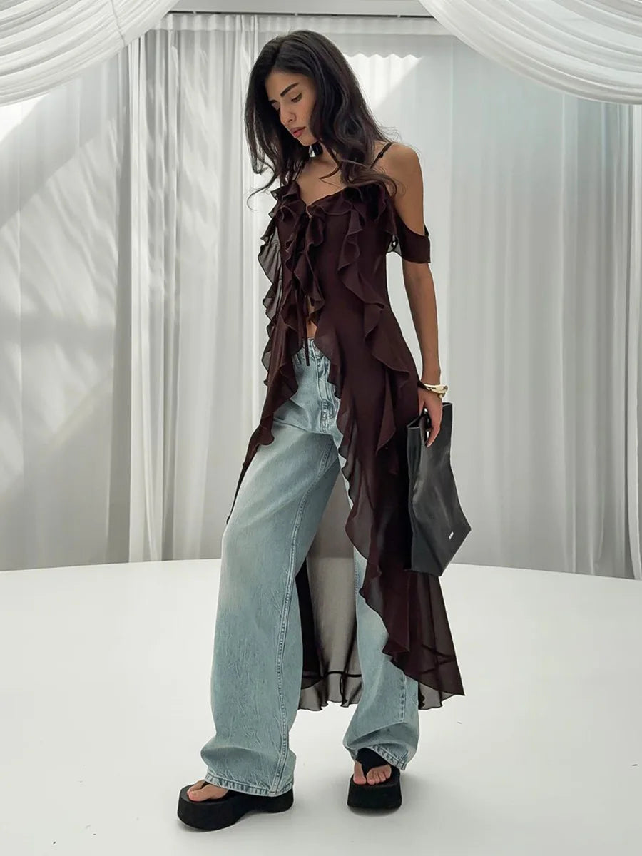 Ruffled Fringe Strap V-Neck Long Top