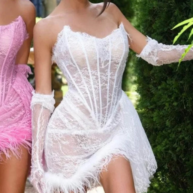 Lace Strapless Corset Gloves Mini Dress