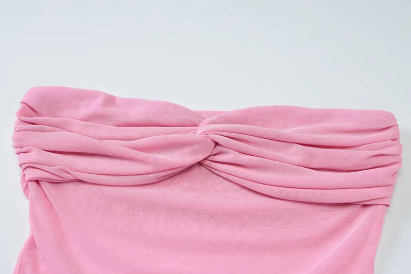 Pink Strapless Mesh Pachwork Long Scarf Maxi Dress