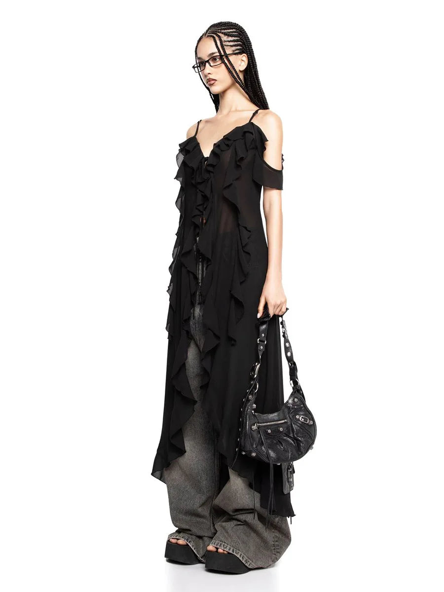 Ruffled Fringe Strap V-Neck Long Top