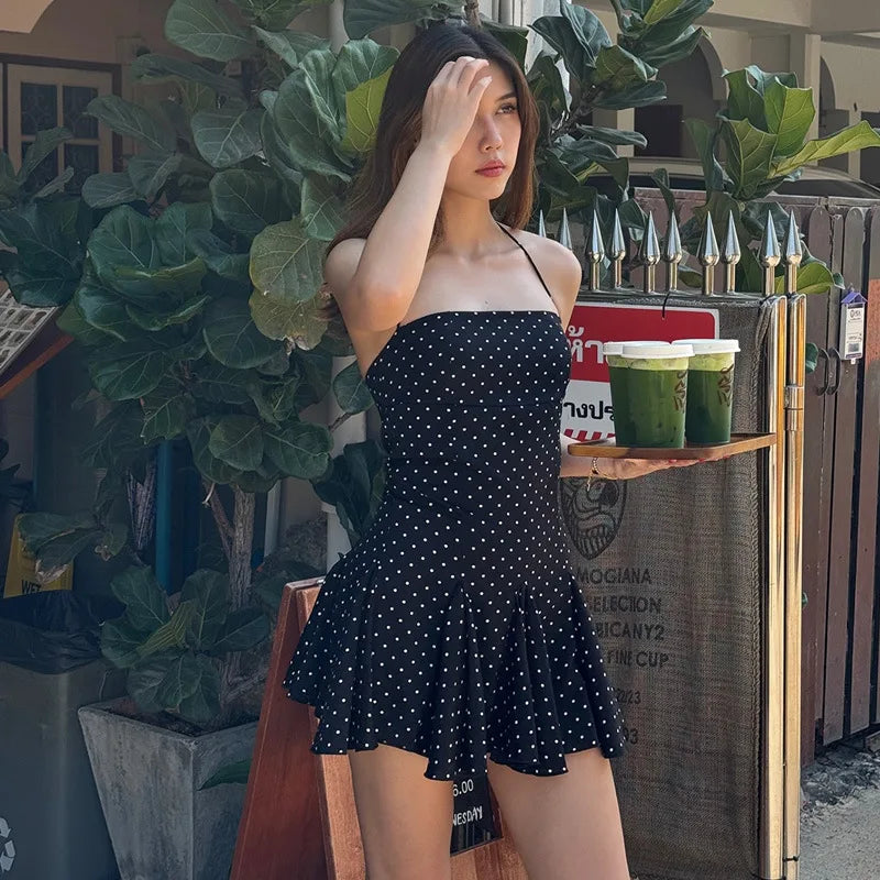 Black Polka Dot Halter Mini Dress