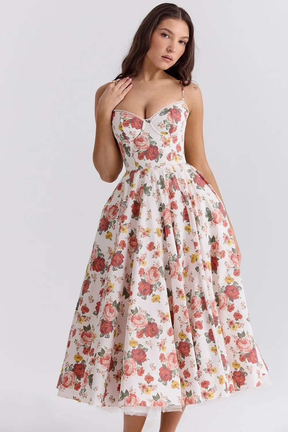 Satin Bustier Strap Tulle Midi Dress
