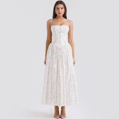Strap Floral Printed Straight Neck Midi Dress