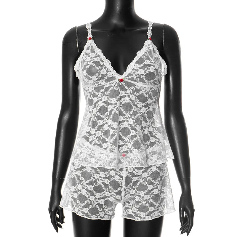 White Lace Crop Top & Shorts Set â€?Sheer Summer Style
