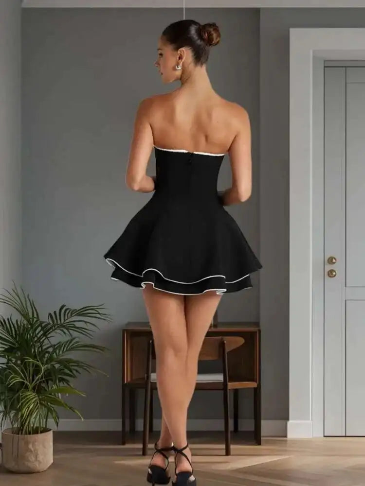 Black Tube Flare Bow Mini Dress