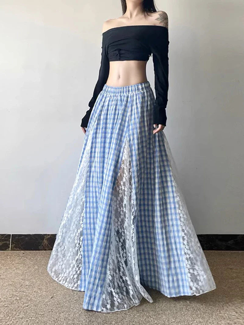 Blue Lace Patchwork Plaid Long Skirt