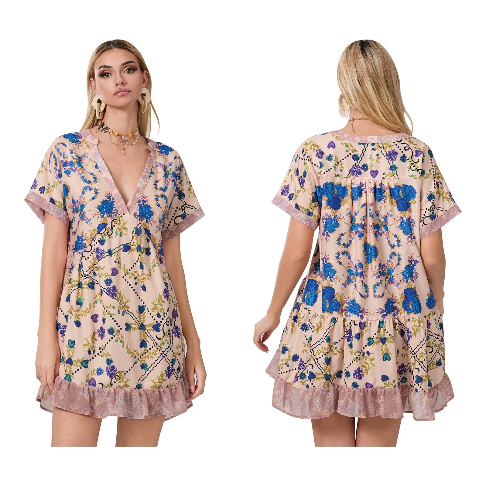 Floral Print Short Sleeve V-Neck Ruffled Hem Loose Mini Dress with Pockets