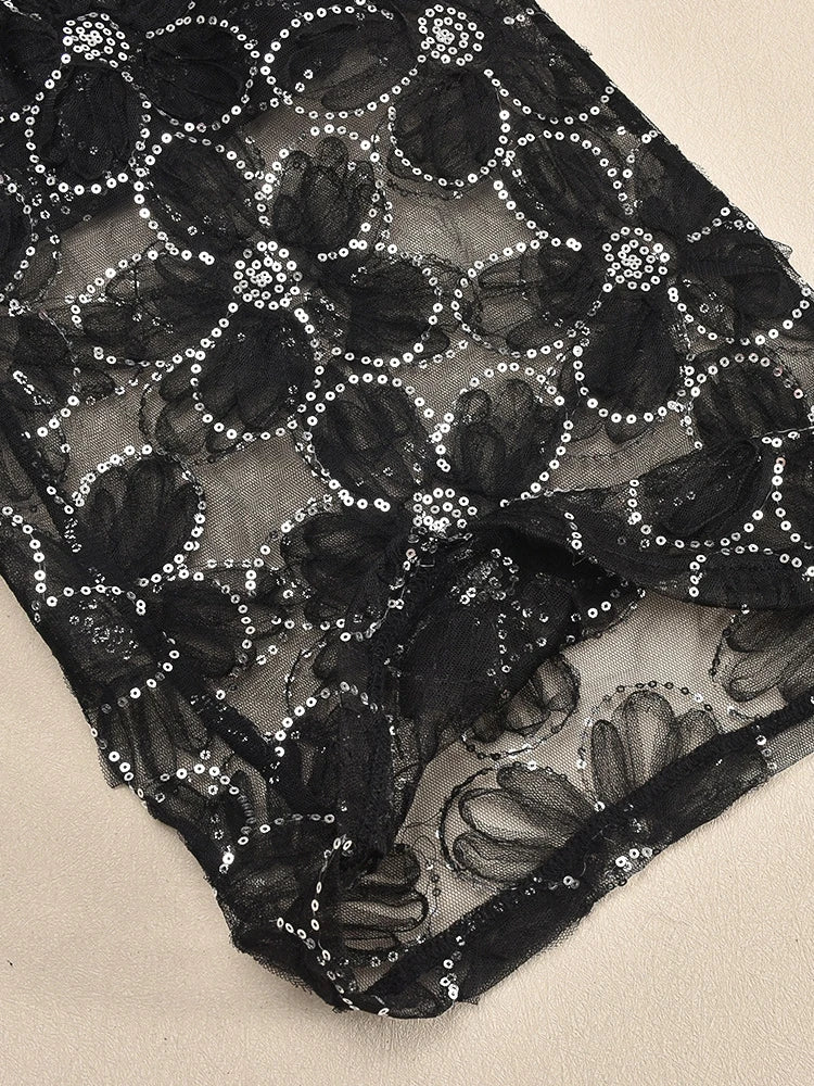 Black Mesh Floral Rhinestone Pants