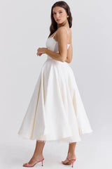 Satin Bustier Strap Tulle Midi Dress